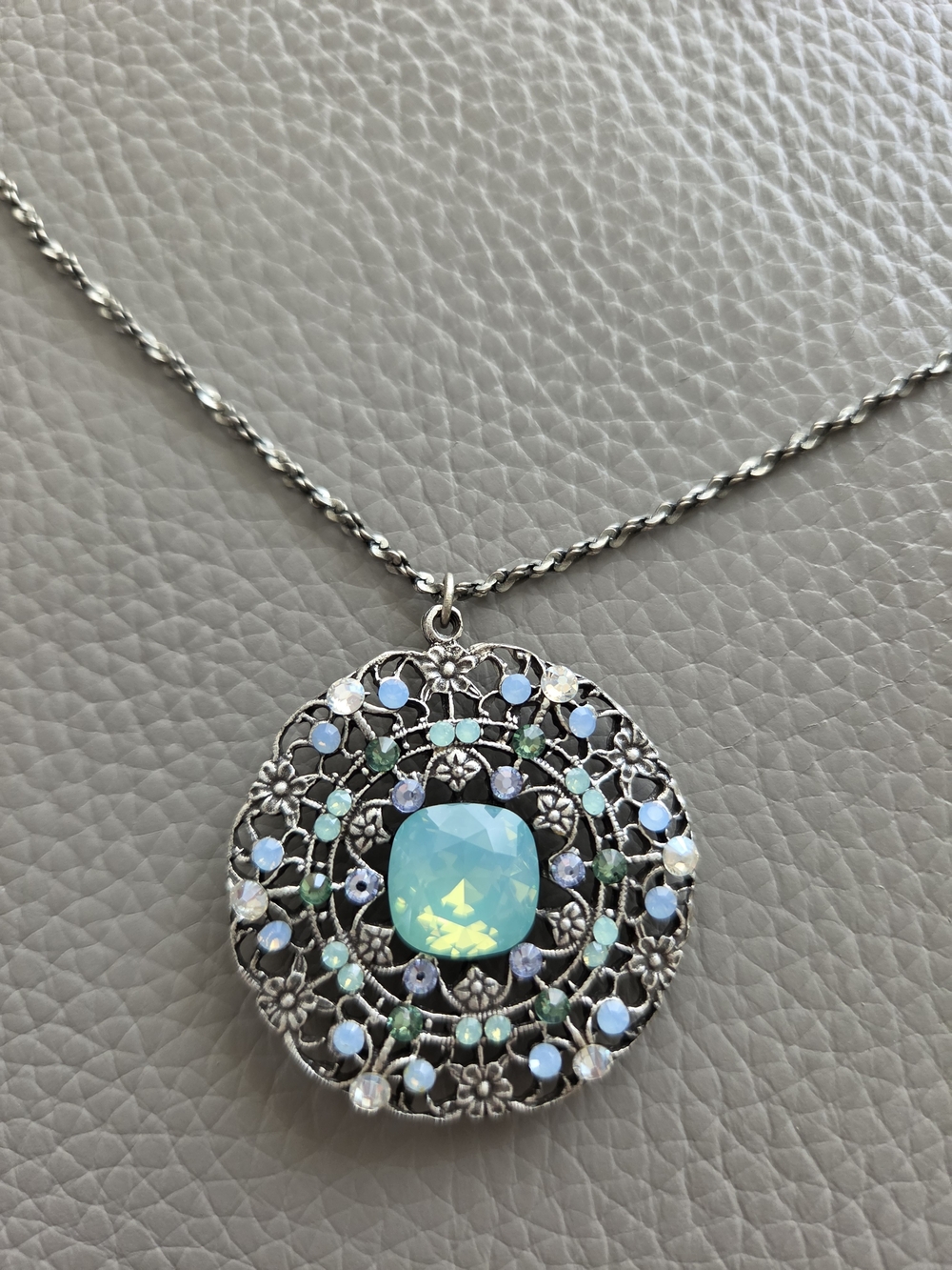 Silver-Tone Blue Opal Filigree Pendant Necklace
